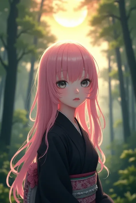 pink haired girl, gray eyes,  thin nose and small lips ,  she wears a black kimono with pink details ,  in the Kimono there are accessories : Bags and etc. ; Realistic art that recalls realistic animation art,  detailed and realistic features . scenario: f...