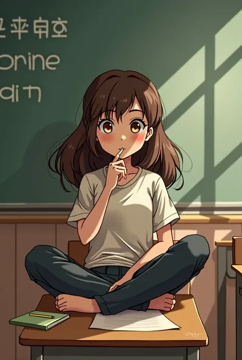 On the classroom desk
 girl sitting ,, brown eyes,  brown hair ,  is cross-legged , Giga Saboim 