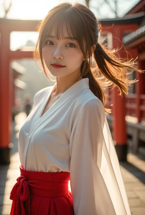 Very beautiful Japanese woman in kimono ,  She has a lovely Japanese face  ,   Japanese woman floating on top of uniform ,   Famous Beautiful Japanese Idol  ,   Cowboy Shots ,  dazzling background  , At an old Japanese shrine in the morning, Solar,   lens ...