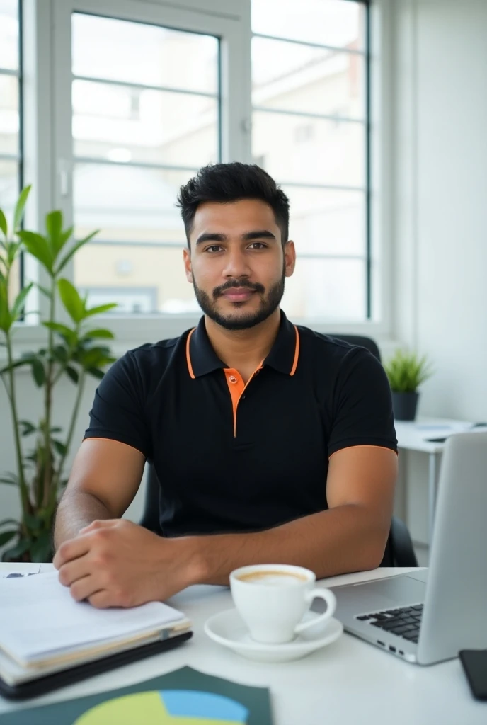 a 27-year-old Guatemalan man wearing blue denim pants ,  black polo shirt with orange collar sitting in a white work office with large windows

He is a manager of a company