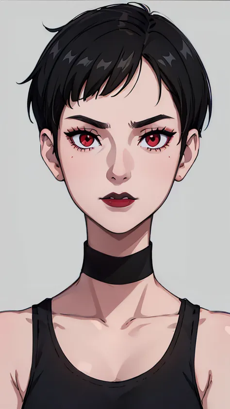 1 girl, very short hair, tomboy pixie haircut, black hair, red eyes, black lipstick, black lipstick, face portrait, black choker...