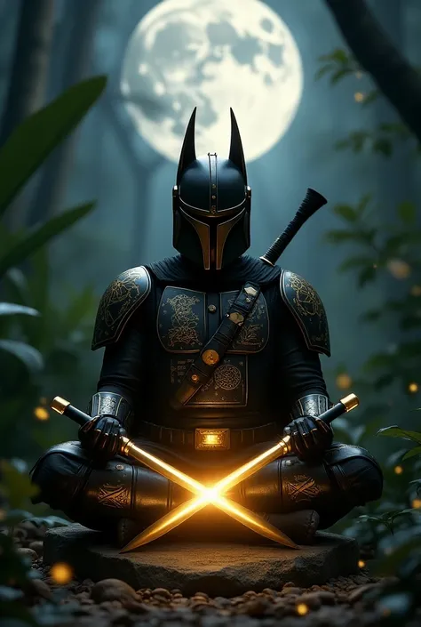  Mandalorian in black samurai armor with gold runes, wolf ears on a samurai helmet , a golden Jedi lightsaber hung in the air in front of him, meditates in the lotus position on a runic stone, there are lights around it, Night,  The Moon Overhead, jungle