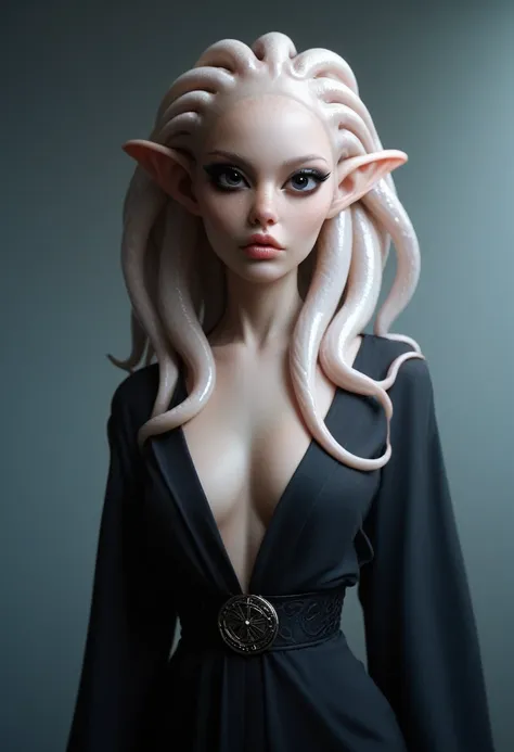 1female humanoid character, alien appearance, pale skin, large dark eyes, freckles, small pointed nose, long white tentacles on ...