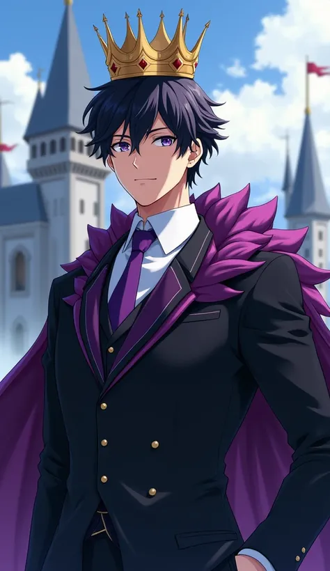 Adult male accompanied by Rias Gremory
Black and short hair not long
White tea 
Eyes with intense purple irises
Serious 
Wearing a black suit with purple details, with a white shirt and a purple tie With a golden crown on his head like a king Muscular In t...