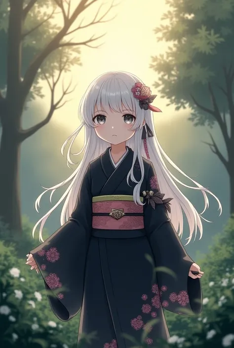  White-haired girl , gray eyes,  thin nose and small lips ,  she wears a black kimono with pink details ,  in the Kimono there are accessories : Bags and etc. ; Realistic art that recalls realistic animation art,  detailed and realistic features . scenario...