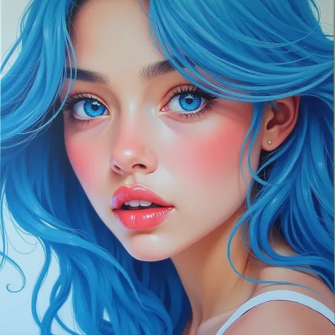 portrait painted in pastel style with realistic style and vibrant colors, with soft and fine strokes. Eye-level portrait of a beautiful girl with blue hair and blue eyes, highly detailed, textured skin, highest quality portrait, masterpiece of painting, ma...