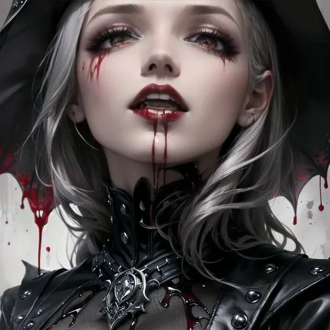  close-up of a naked woman with blood , blood dripping down her face , vampire girl, female vampire, carmilla vampire, female vampire, vampire fashion, vampire portrait , beautifua vampire queen,  dripping from her mouth ,  Vampire Queen ,  monochrome and ...