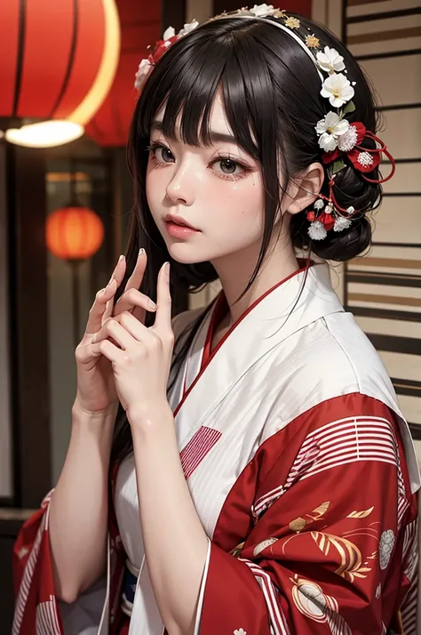 A close-up of a beautiful woman in a red and white striped kimono crying with her 中指と小指を曲げるfingers