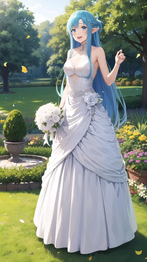 masterpiece, best quality, highres, bbasuna, long hair, blue hair, blue eyes, pointy ears, wedding dress, standing, garden, confetti, holding bouquet, smile, open mouth,