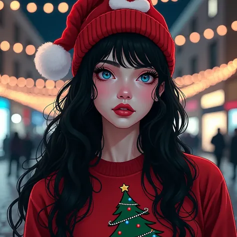  Illustration of a beautiful unrealistic beauty woman with soft European features .,  long jet-black hair , pale white skin,  thick red lips ,  long eyelashes ,  small waist,  Wide hips and detailed facial features ., beautiful blue eyes,  Detailed lips , ...