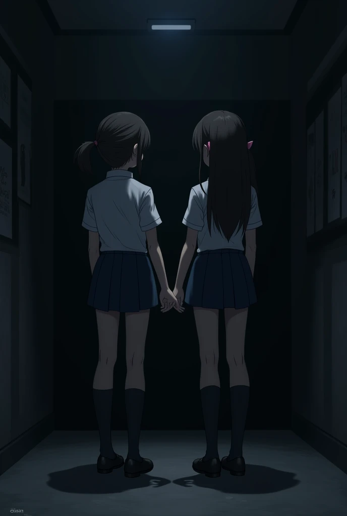 Female high school students with their backs to each other in a dark background