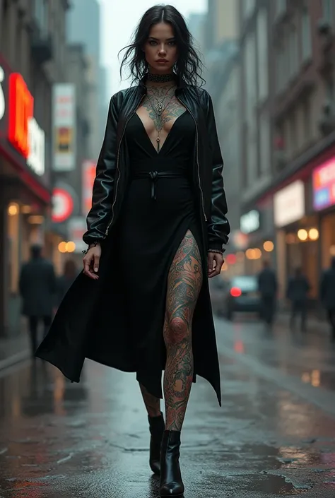  a beautiful girl with full body tattoo, Wear black dress, jacket, walk on the street 
