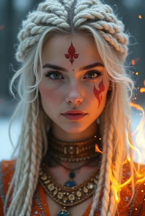 Fire witch in her 20s flames in brown eyes, white straith braids, winter, jewerly, magnificent beautiful face, fire tattoo on face 