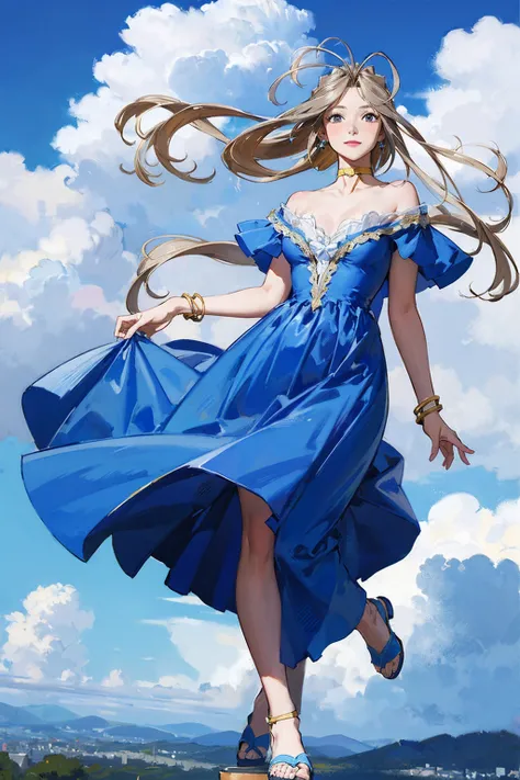 (masterpiece, 最 high quality,  high quality,  high definition, Super detailed),Belldandy、 1 girl, Verdandy,  choker, ,  hair bow,  bracelet, Blue Sandals,Sky Blue Dress 
