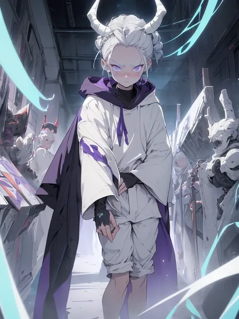 ( The best quality, masterpiece :1.3),1demon,only, silver hair, Bright pupils, short hair , slicked-back hair, Cupping of hands, Holding fluorescent bird , Shiny AI_pale blue grey background, boy, an open forehead, white hair braided in a bun on the left s...