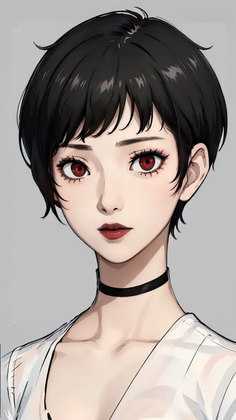 1 girl, very short hair, tomboy pixie haircut, black hair, red eyes, black lipstick, black lipstick, face portrait, black choker...