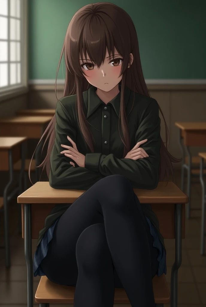  Girl sitting cross-legged at the end of a classroom desk ,, brown eyes,    brown hair   ,   ,  My eyes are sharp , cold impression, Her arms are crossed , 