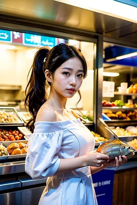 A young Asian woman poses in front of a seafood stall, illuminated by soft golden lighting that accentuates her features. She stands confidently, ponytail held high, as she inspects fresh catches: succulent shrimps, vibrant salmon, and silvery sea bass. Bl...