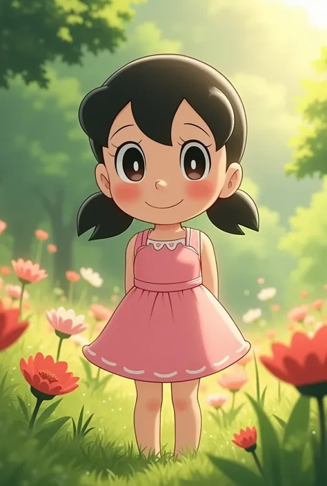 drsizukachan1,1girl,solo,young girl,pink dress,detailed eyes,detailed lips,long eyelashes,looking at viewer,cute expression,detailed face,beautiful,porcelain skin,petite,delicate,smiling,standing in a field of flowers,sunlight filtering through trees,lush ...