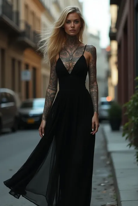  a beautiful girl with full body tattoo, wearing a black dress , blonde hair,   walking on the street 
