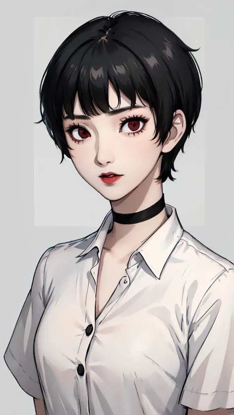 1 girl, very short hair, tomboy pixie haircut, black hair, red eyes, black lipstick, black lipstick, face portrait, black choker...