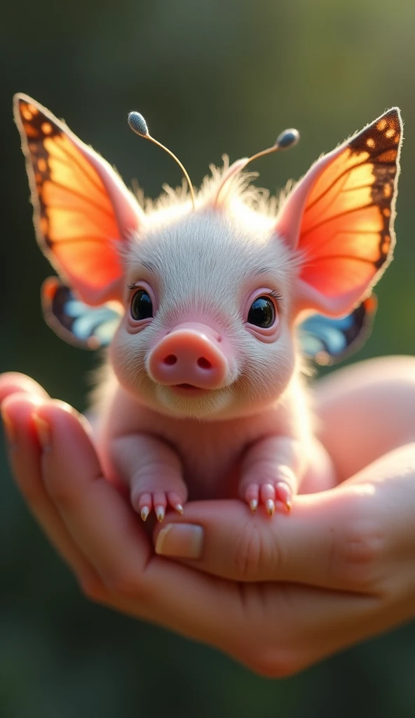 Baby pig with butterfly wings "A tiny baby piglet with colorful butterfly wings, nestled in the palm of a hand. Its skin is pink and delicate, while its wings are large, thin, and decorated with vibrant shades of orange and blue. It observes the world with...