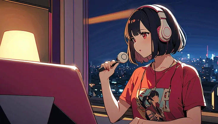 (((masterpiece, Best Quality)))、(((32K Wallpapers)))、 score_9,  score_8_up,  one girl playing pranks,   Long Black Hair,　masterpiece, Best Quality,  so beautiful、comics、Anime、Illustration、 one girl playing pranks、Listening to music with headphones、close ~ ...