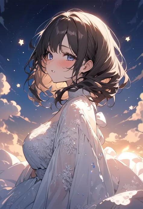  Attention to Details,   Super Detailed ,  ultra high resolution, Breasty dark-haired girl , Too much exposure、 Warm light shining on her  ,  background is blue sky 、few clouds,  The moon and stars fly around her, delicate face, Add some fun , 