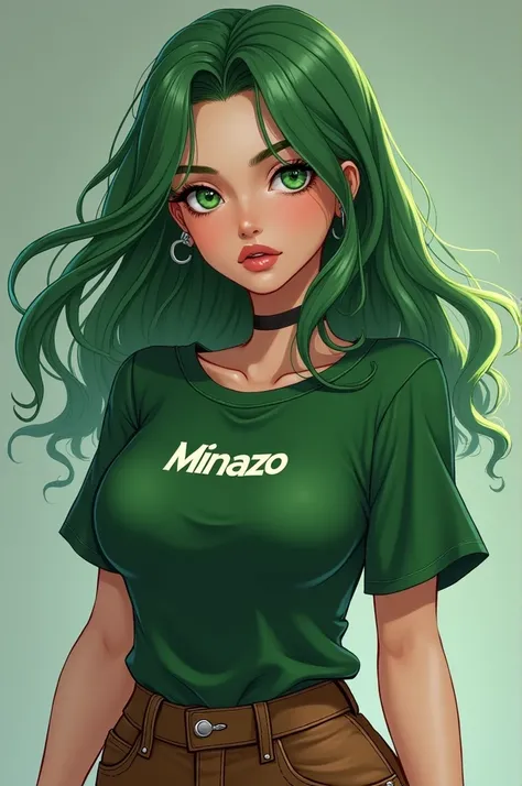 A beautiful girl . Wear a T-shirt on green and T-shirt lebel on minazo name. And legs wear a jeans with brown color and legs hills. Eyes color green and hair green. Lips are smooth and nose was sharp chiks are smooth and boobs are big then . 