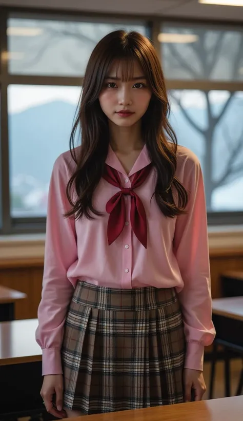  美しい日本人woman ,   supermodel  ,    Watch Viewers   :1.21,   photorealistic,  非常にRealisticなphotograph , Realistic,   perfect composition of drapes  , Proper placement, woman&#39;photograph:1.331,  Japanese High School Uniform:1.21, long sleeve pink blouse sh...