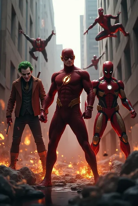 Create an image of the flash next to Joker and next to Spider-Man and next to Deadpool and Iron Man