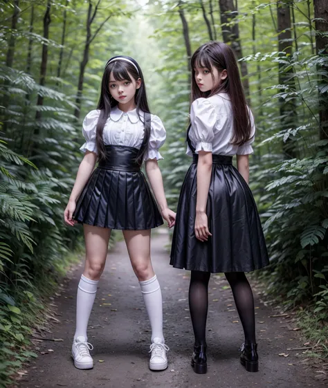 Full body, Mean beautiful young schoolgirl , beautiful teen face, short black silk skater pinafore, a teen girl wearing in a short black silk pleated pinafore, silk pleated skirt, wearing in a white blouse, with short puffy sleeves, puffy sleeves. red silk...