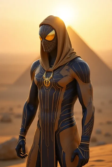 "Imagine the Desert Spider, a Spider-Man hybrid inspired by Egypt’s ancient history and vast deserts. His suit features sandy beige and deep blue colors, with lightweight fabric adorned with subtle hieroglyphic patterns that celebrate Egypt’s rich culture....