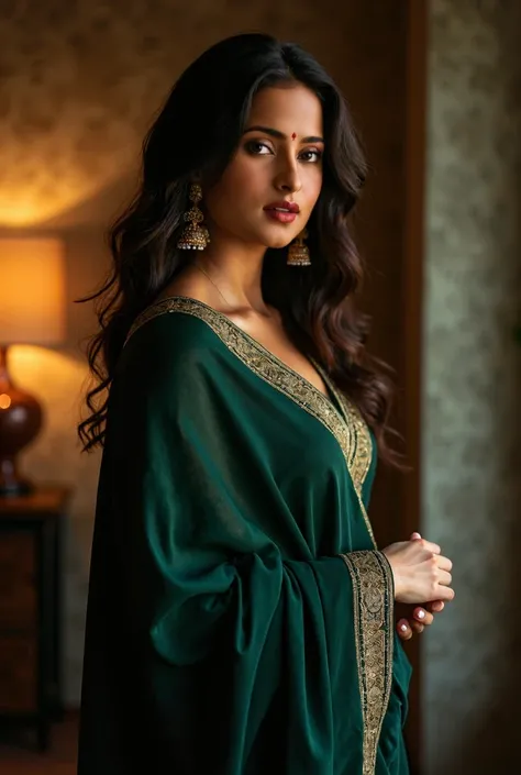 intricate detailed portrait of an indian woman, beautiful woman standing in a home, wearing a dark green saree, side view, glamorous fantasy look, elegant and seductive, hyperrealistic, dramatic lighting, vivid colors, (best quality,4k,8k,highres,masterpie...