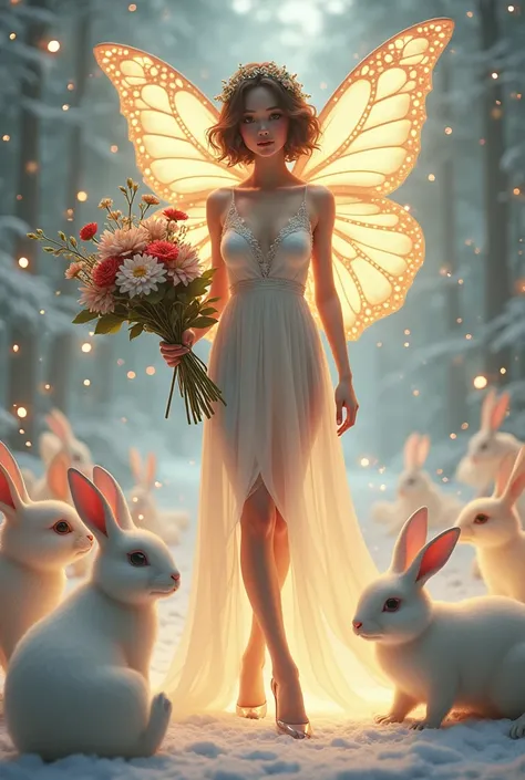  a beautiful healer girl, with a perfectly sculpted human visage, slender long legs body, short wavy hair, wearing stiletto high heels, full-body hand painted portrait, surrounded by a gentle ethereal glow, digital paint, fantasy art, very long large moth ...