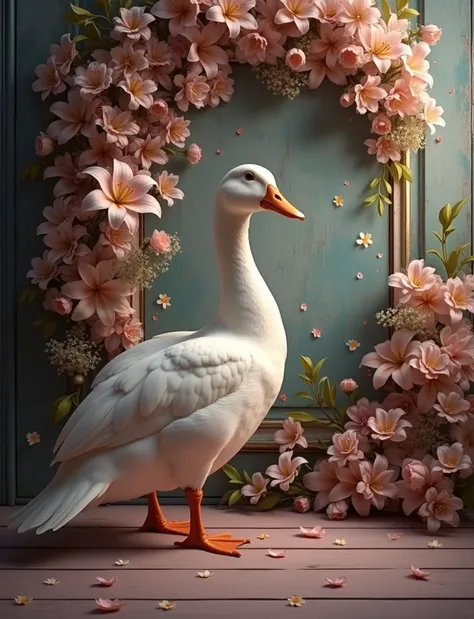 a vintage background of an old wall, lavishly decorated with white and yellow lilies. with a dark grunge background. A pastel blue floor. A white duck stands in foreground, side view.  Romantic setting, glamour glow, beautiful light, fireflies overlay. A s...