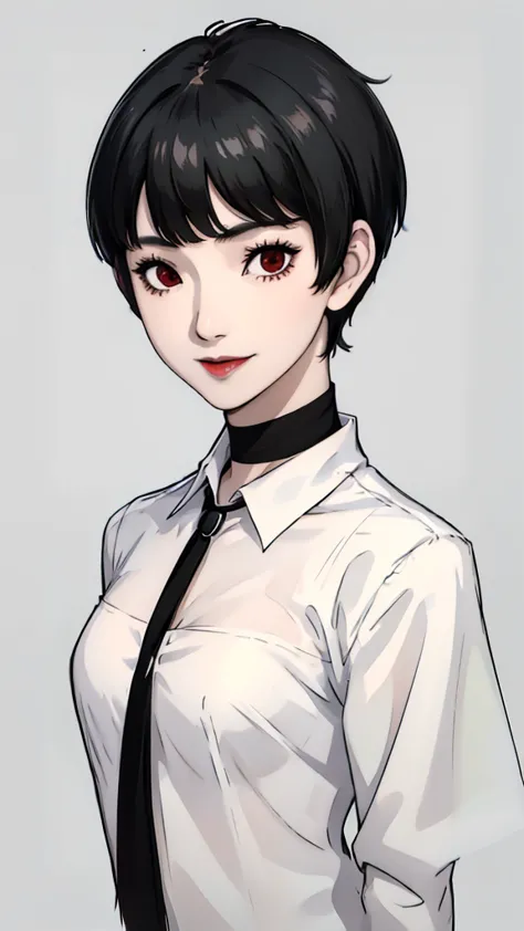 1 girl, very short hair, tomboy pixie haircut, black hair, red eyes, black lipstick, black lipstick, face portrait, black choker...