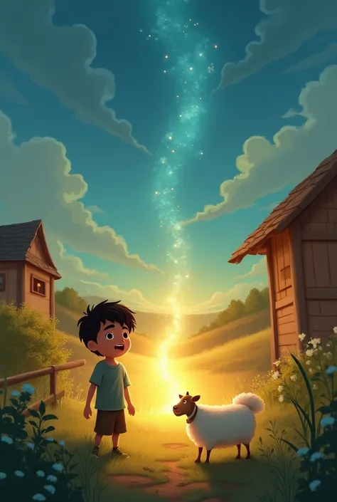  Create 4 simple 2D animated images with this description:
First scene : Next to Luna Perrita ,  Mateo follows the glow that takes them to a part of the farm where they rarely play .  There they find the spark (Little sheep ) , the sheep ,  that also seems...