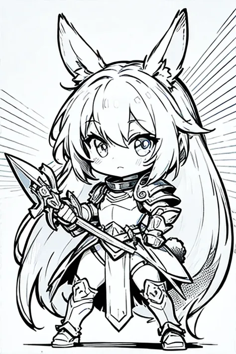 A Chibi Rabbit-Warrior character, drawn in a simple, clean black-and-white line art style for coloring. The rabbit is wearing armor, holding a small sword or shield, with large, expressive eyes and exaggerated, cute features typical of the chibi style. No ...