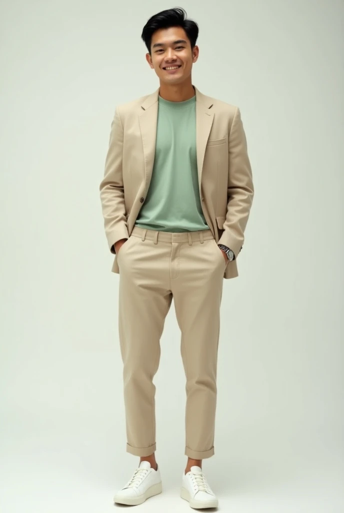 Filipino, Young Man, beige suit, beige pants, light green crew neck t-shirt tucked in, white sneakers