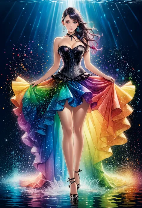   Beautiful woman in corset dress , medium long  ,   heels with ankle straps,   rainbow-colored water particles 