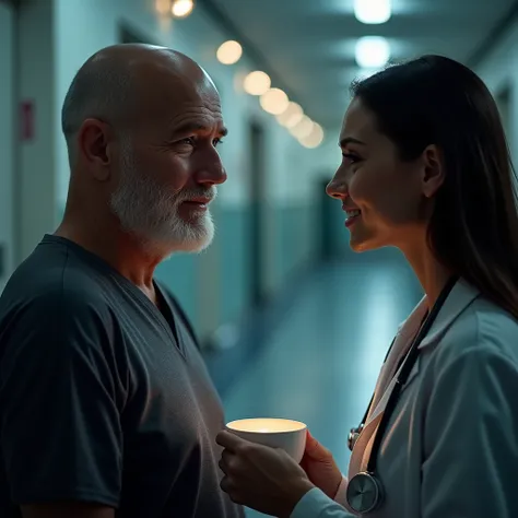 Best quality, high resolution, 1old male, bald headed, big blue eyes, glowing detailed eyes, stubble beard, dark grey colored top and bottom jersey, fit body line, coffee cup in hand, natural smile, waiting at lobby in hospital, 1female doctor, in the same...