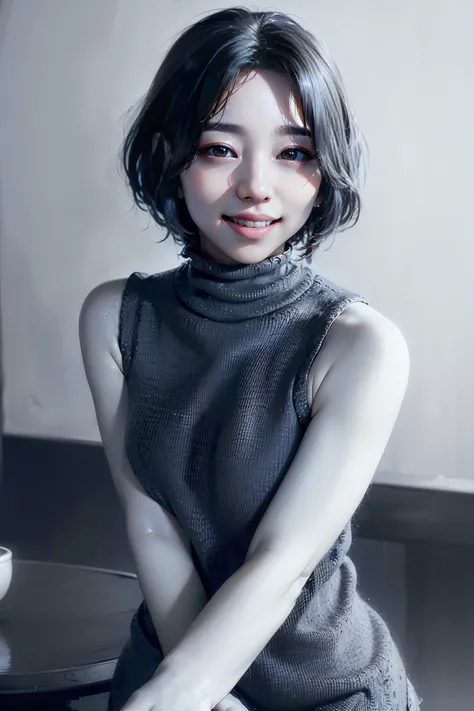 (Best Quality、 table top、8k、  best image quality、Award-winning works)、(  girl:1.)、( perfect sleeveless turtleneck knitted sweater dress、 random color i :1.4)、( short hair:1.1)、(very young  girl&#39;Face:1.1)、 look at me with your best smile 、(Big Breasts:1...