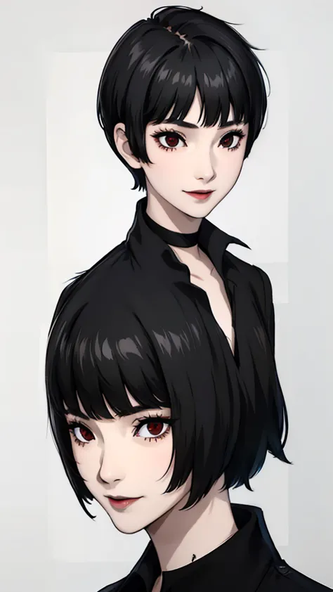 1 girl, very Short hair, tomboy Pixie haircut, black hair, red eyes, black lipstick, black lipstick, face portrait, black choker, white shirt , front face, front face, face portrait, bangs, smile, face focus