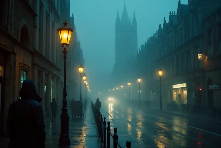 mysterious rainy night in London, dramatic fog, Greg Rutkowski, Ash Thorp, misty cityscape, Victorian lampposts, old Gothic architecture, mystical glowing lanterns, detailed wet cobblestone streets, vibrant nighttime colors, cinematic lighting, blurred rai...