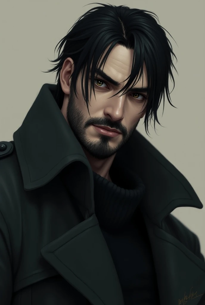  Adult male with slightly elongated straight misaligned black hair, with a serious face,  scar on the end of his right lip vertically , sparsely bearded black eyes , of muscular body, pale skin,  wearing a trench coat and hooded sweater  