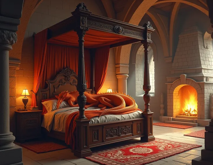 epic medieval bedroom ,  with orange dragon theme