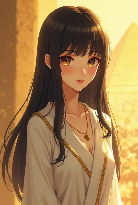 IIn this captivating anime-style artwork, an attractive girl with long black hair and bangs wears a white Egyptian robe and a gold necklace. Her fair complexion, piercing dark eyes and soft lips complete her ethereal beauty. The half-length composition sho...