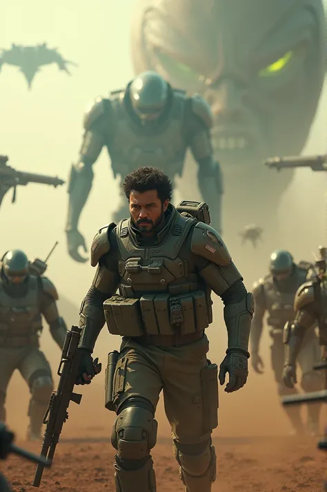 Generate hyper realistic image of Prabhas with fully armed military fighting with aliens 