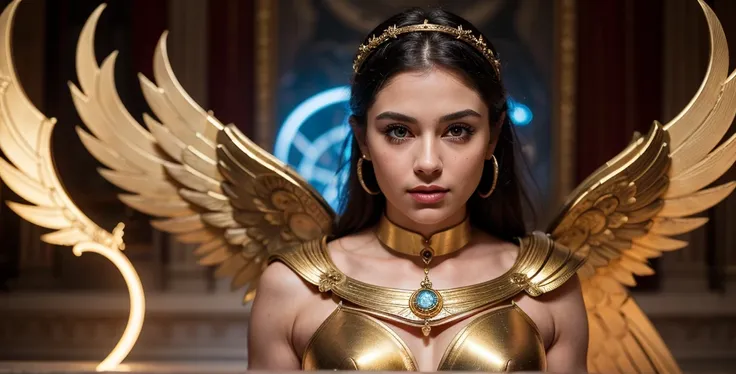 "8k, Canon EOS 1DX MKIII, in a palace dedicated to Zeus, a woman Swedish blonde green eyes in a bikini in the shape of armor with angel wings on her chest, wearing Golden Angelic Armor, resembling a mystical Valkyrie. She is a beautiful female angel with g...